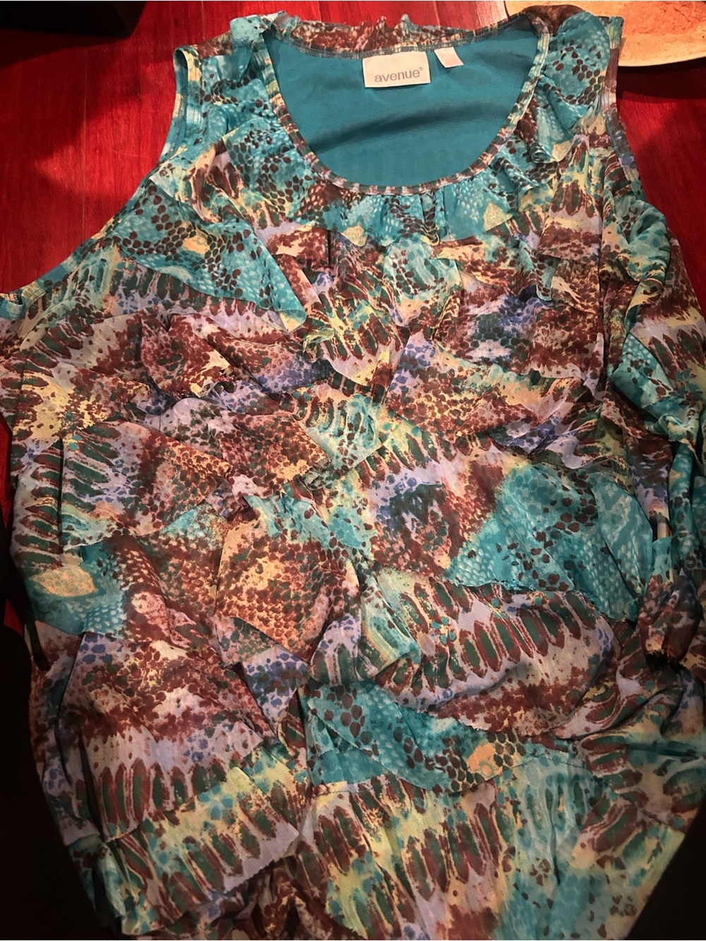 Avenue Teal and Brown Abstract Print Sleeveless Top